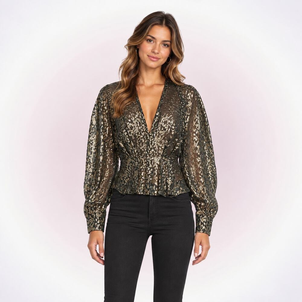 IRO Teruja Metallic V-Neck Blouse | Sz 36, NWT